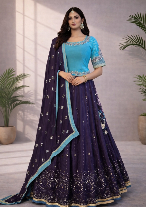 Blue Purple Mirror Work Lehenga Set